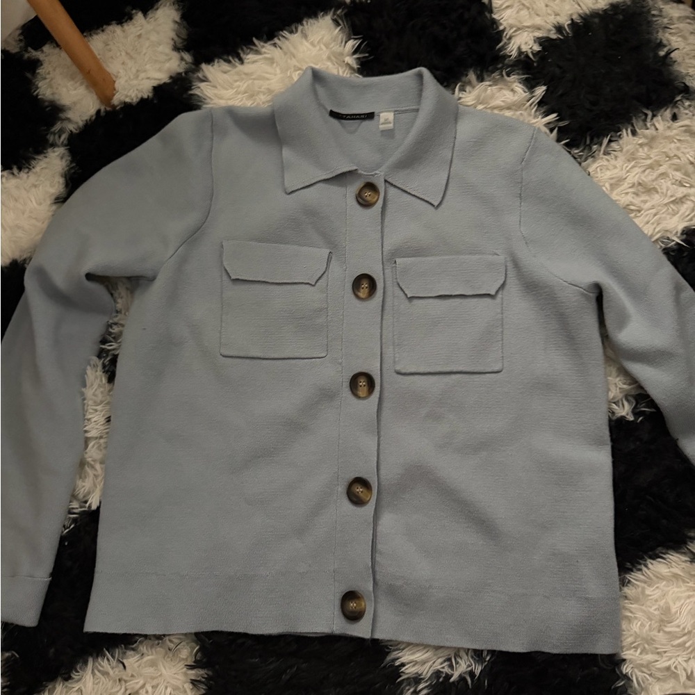 Tahari Light Blue Button-Front Jean sweater